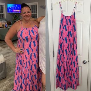 Vineyard Vines bright pink and blue leaf print maxi dress